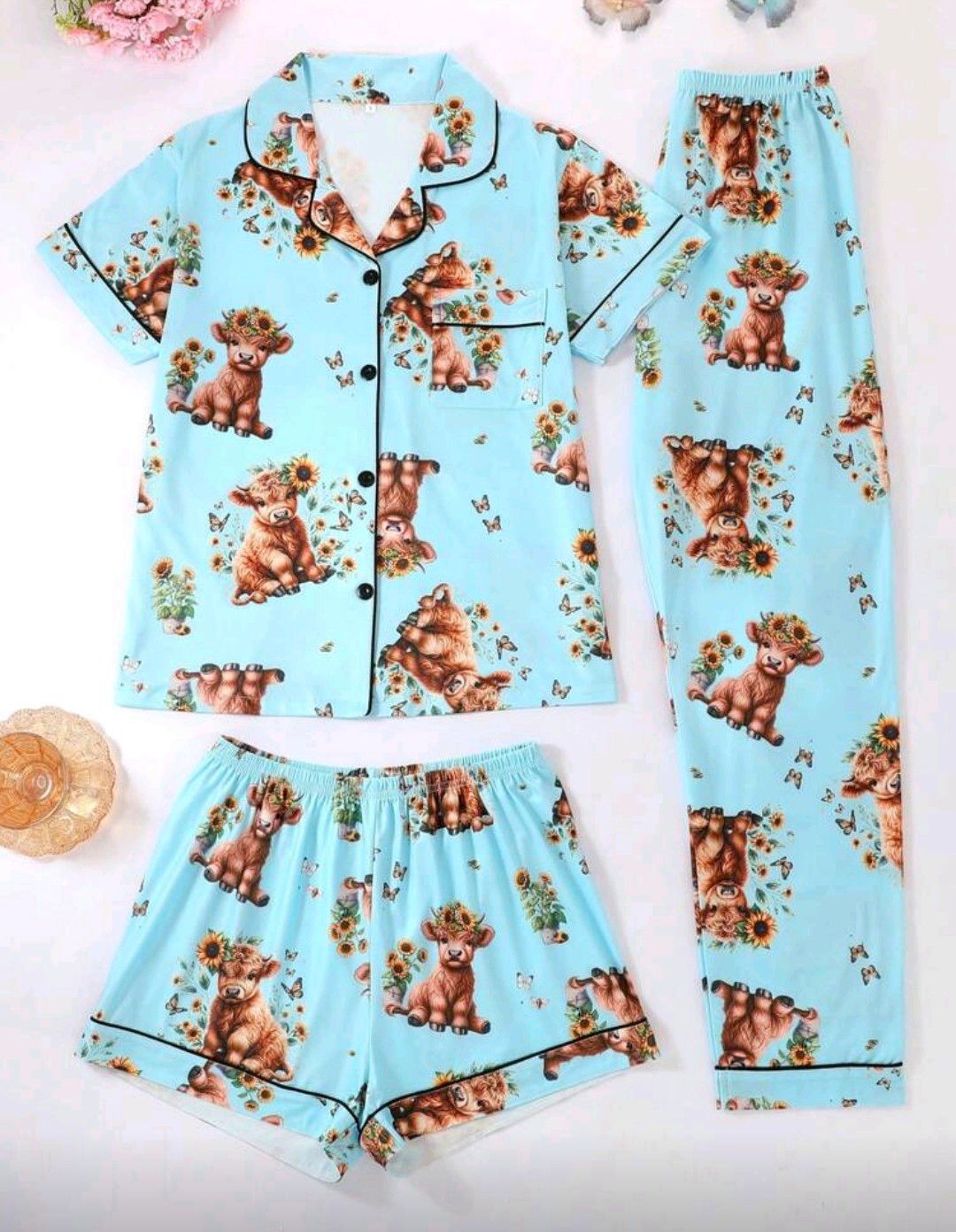 3pcs/Set Women's Cool Short Sleeve Pajamas, Shorts &amp; Pants, Polo Collar Button Short Sleeve Tops, Casual Loose Cow Print, Suitable For All Seasons