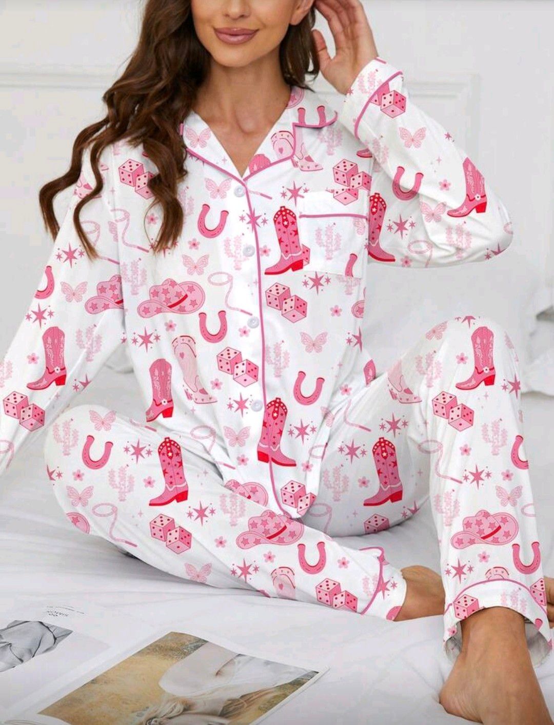 2pcs Autumn/Winter Boots Print Women Pajama Set, Western Style, Fashionable &amp; Beautiful Outfit, Comfortable Shirt Collar Long Sleeve Top And Elastic Waist Loose Pants, Holiday Party Sleepwear, Casual