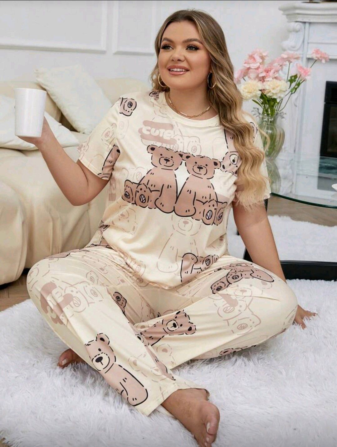 Plus Size Cute Bear Printed Pajama Set