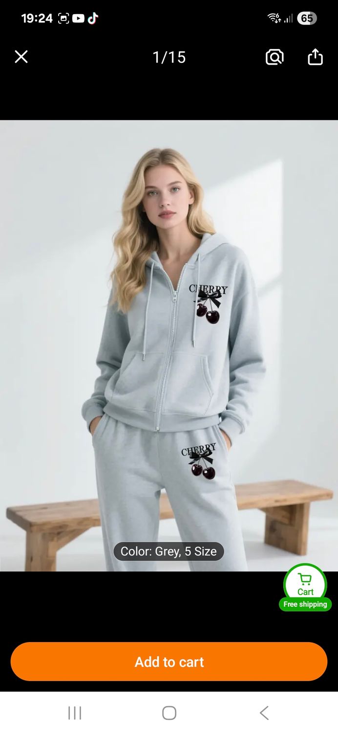 Women'S Casual Zip-Up Hoodie &amp; Pants Set - "Cherry" Print, Fleece-Lined, Long Sleeve, Drawstring Hood, All-Season Comfort, Casual Wear, Casual Attire, Casual Style, Comfortable Clothing, Trendy Outfit