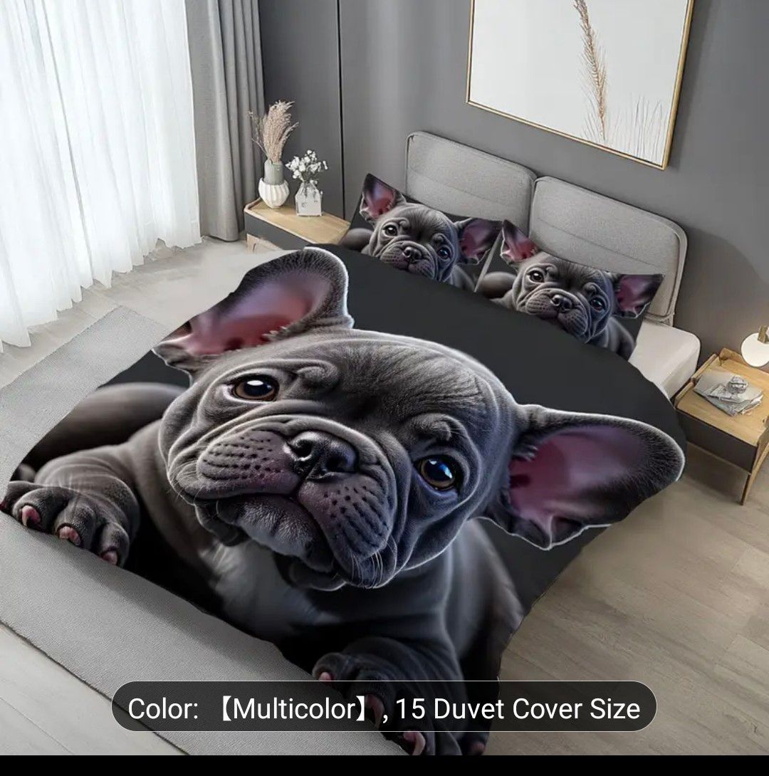 2/3pcs French Bulldog Duvet Cover Set | 1 Quilt Cover + 1/2 Pillowcases, Gray Polyester Duvet Cover, All-Season Bedding, Full Bed Set with Duvet Cover and Pillow Shams, Machine Washable