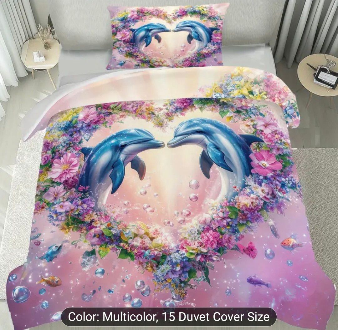 [Duvet Cover Set] Latacaca 2/3pcs Heart Shape Dolphins Flowers Bubbles Pattern Duvet Cover Set, 1 Duvet Cover &amp; 2 Pillowcases, Elegant Design Bedding Set, Machine Washable, Soft and Comfortable Bed Co