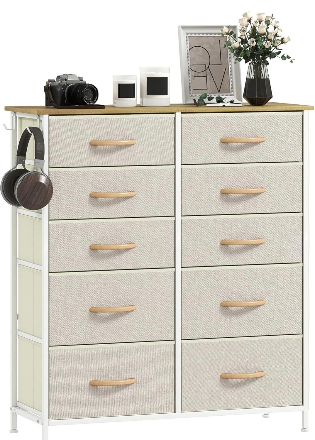 HOMCOM Chest of Drawers, Double Dresser for Bedroom with 10 Fabric Drawers, Tall Storage Unit with 4 Pockets, 2 Hooks and Steel Frame for Living Room, Hallway, Beige