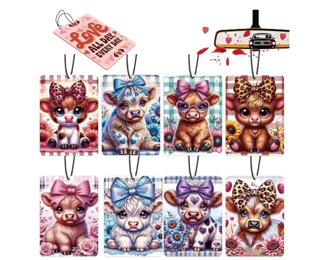 Car Air Fresheners Highland Cow Gifts Ornament Valentines Gifts for Her 8 Pack, Cute Cow Hanging Car Accessories Interior for Women Wife Girls Lover Home Decorations Gift Birthday Party