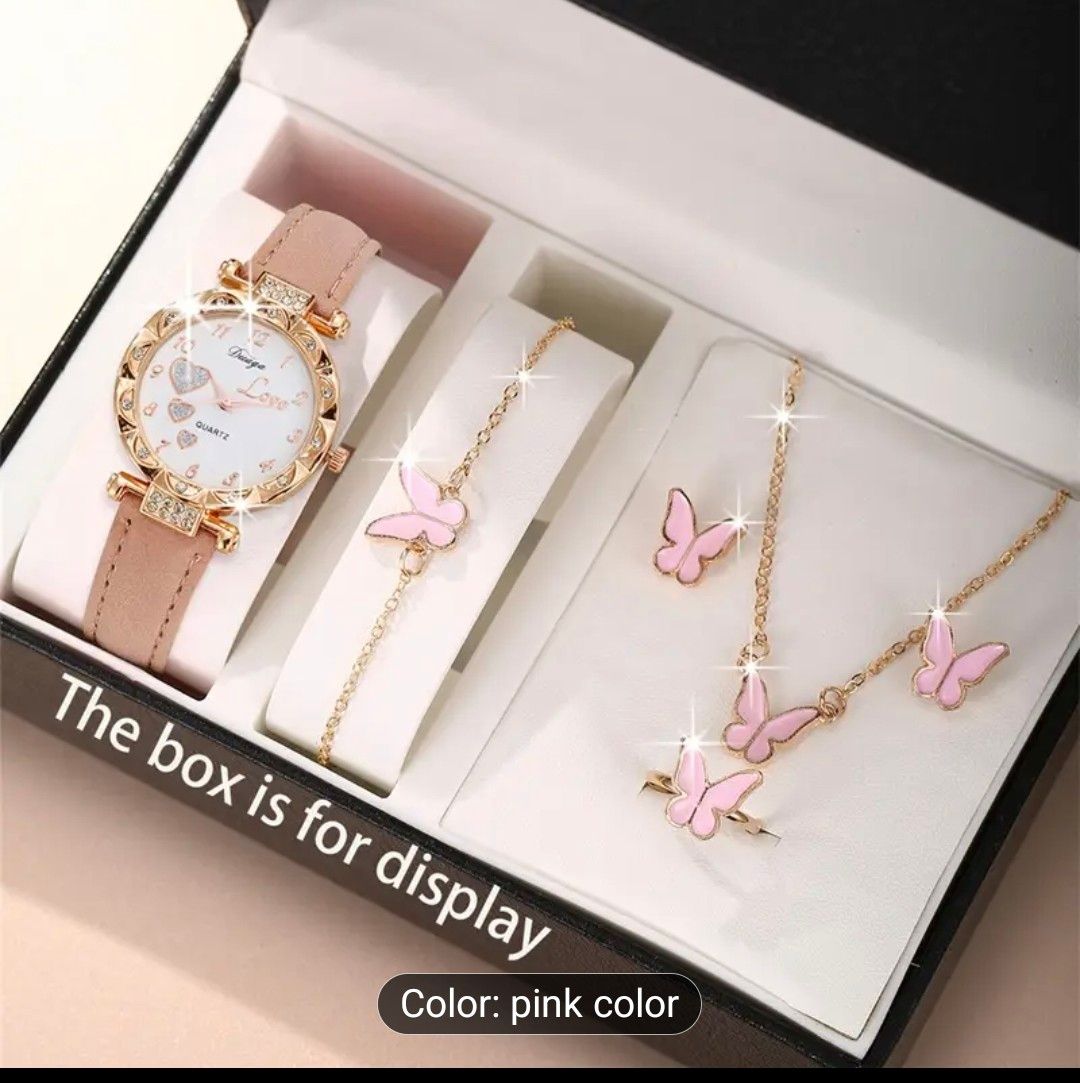 6pcs Women's Elegant Heart Watch + Versatile Fashion Butterfly Necklace, Ring &amp; Bracelet Set - Surprise Gift for Her on Christmas Halloween Birthday