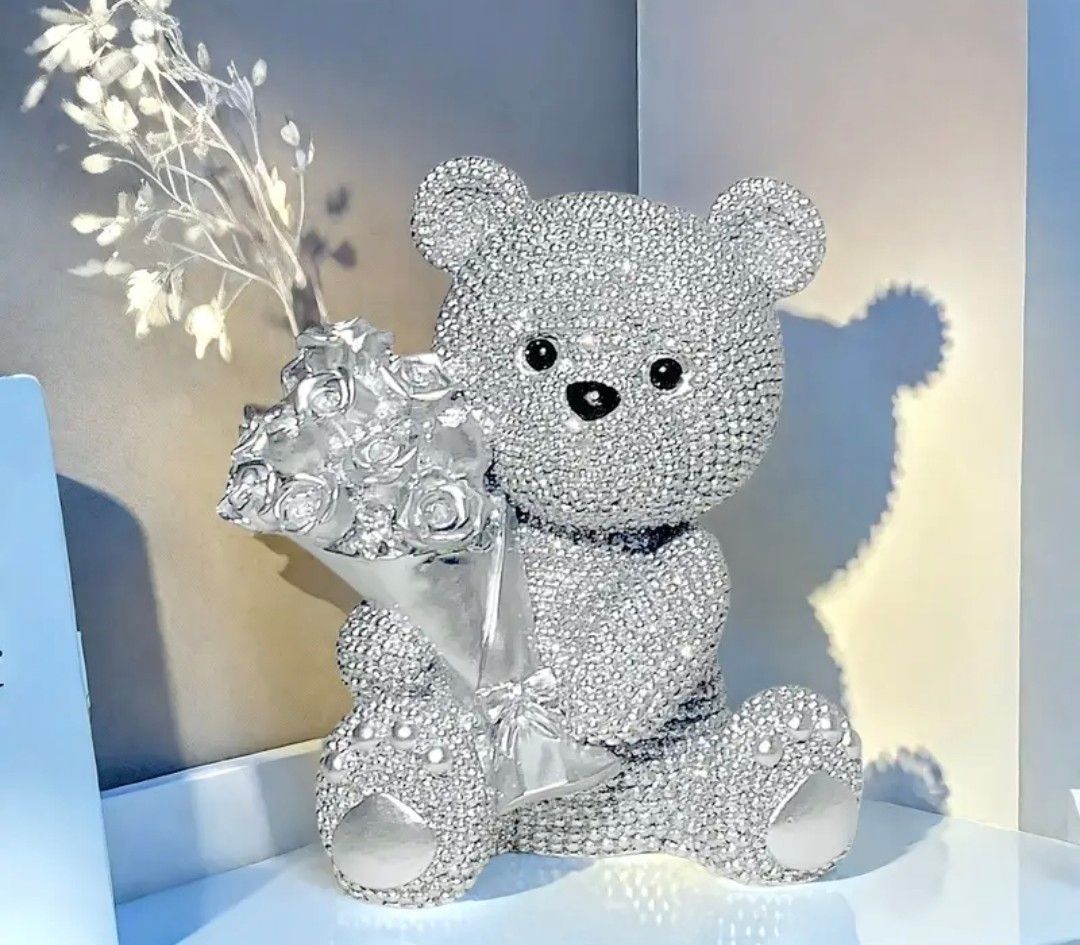 1pc Elegant Silver Beaded Teddy Bear with Rose Bouquet - Perfect for Valentine'S Day, Mother'S Day, And Wedding Decor | Ideal for Bookshelf, Living Room, Or Office | Resin Statue, Art Deco Style, Vers