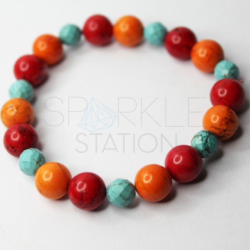 Aqua, Red &amp; Orange Howlite Bracelet