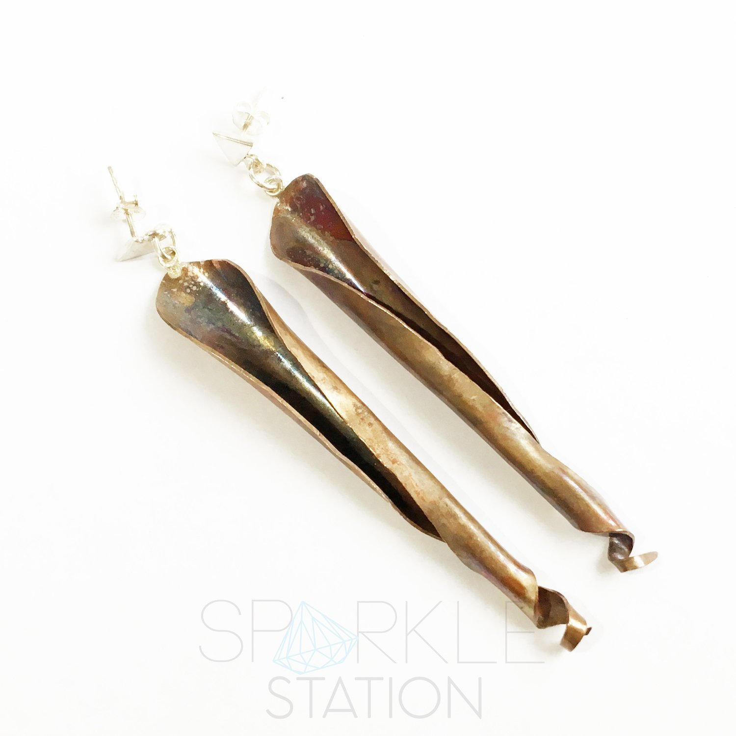 Copper &amp; Sterling Silver Ribbon Bark Drop Earrings