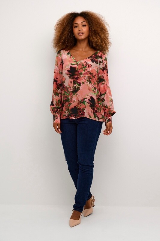 Cream Blouse imprimé flowers peach col V 10612329