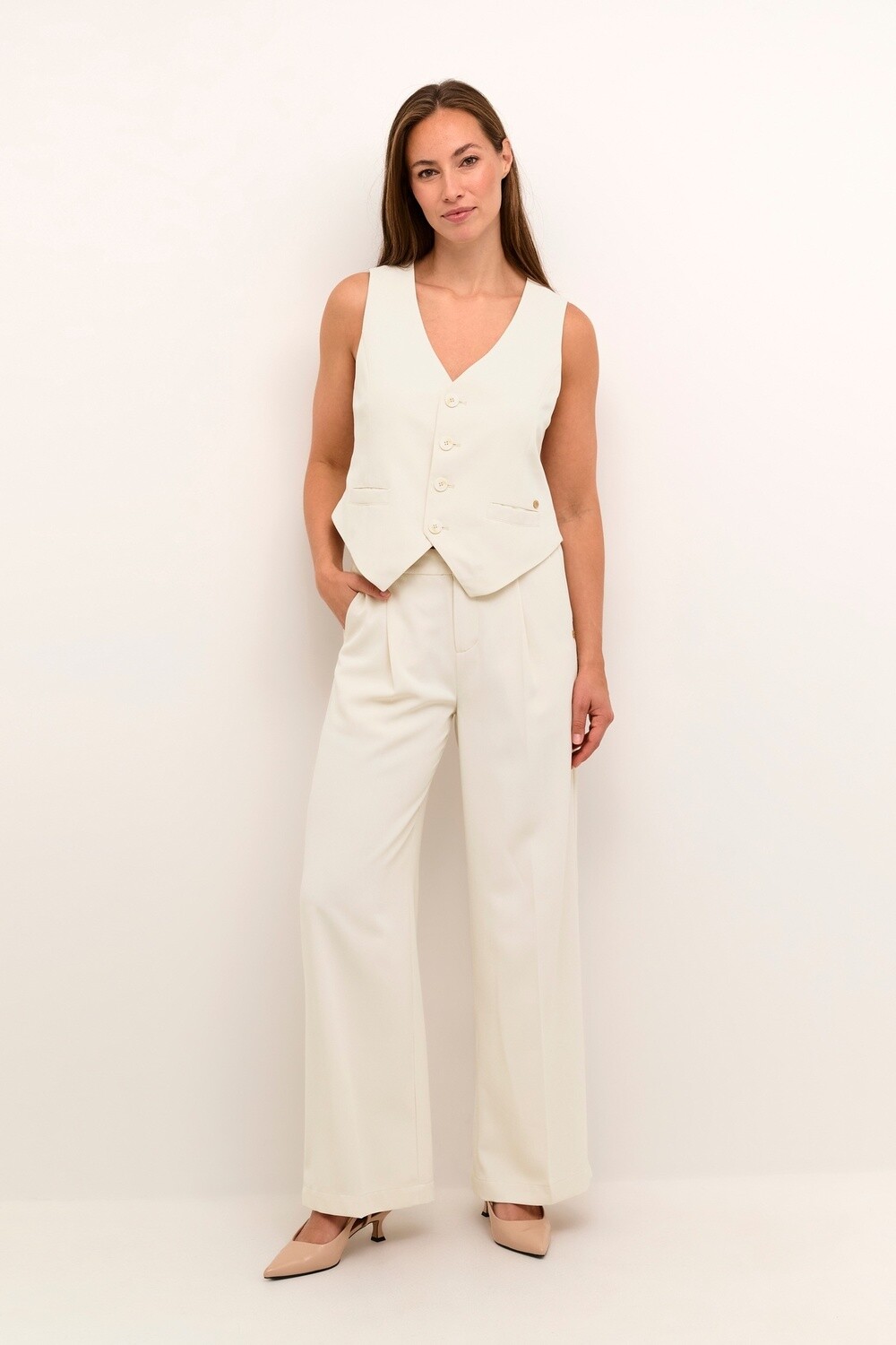 Cream Pantalon crème jambes larges 10612349