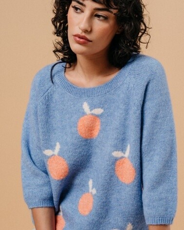 Grace&amp;Mila Chandail tricot Macy Sweater bleu motif pèches 22254