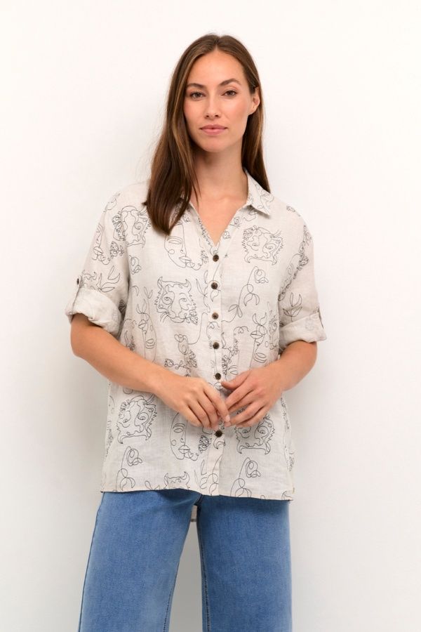 Cream Blouse lin imprimée visages 10612267
