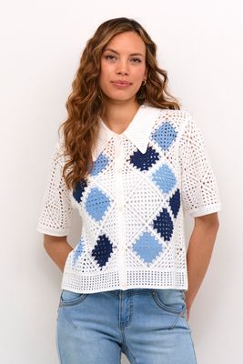 Cream Cardigan crochet offwhite motif losange marine 10612536