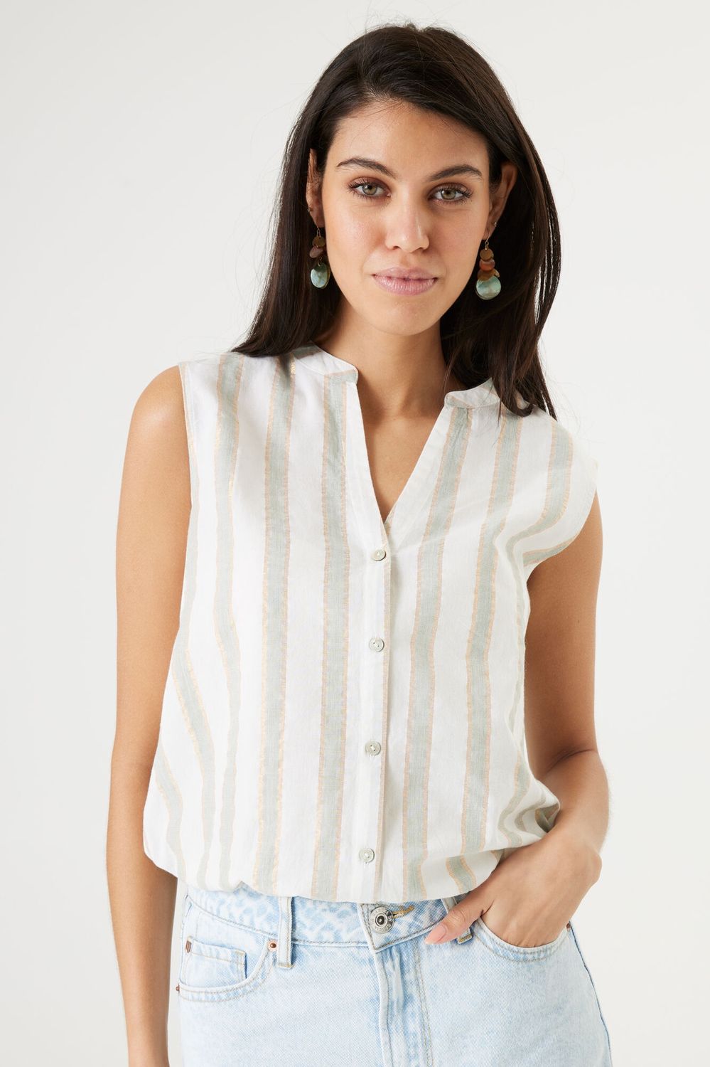 Garcia Blouse sans manches offwhite rayures kaki lurex Q40033