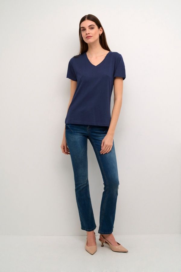 Cream T-Shirt col V marine 10604508
