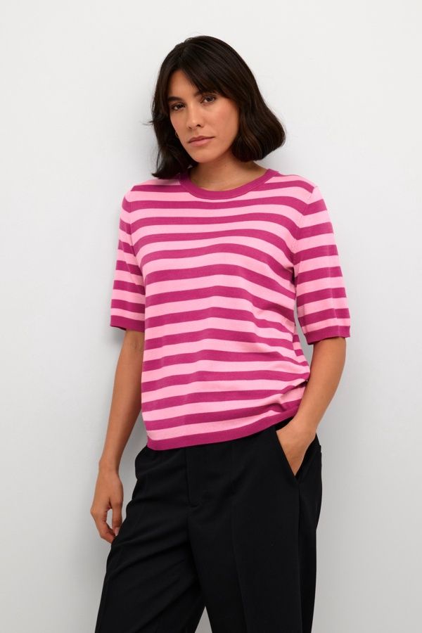 Kaffe Chandail tricot léger rayures fuchsia 10508410