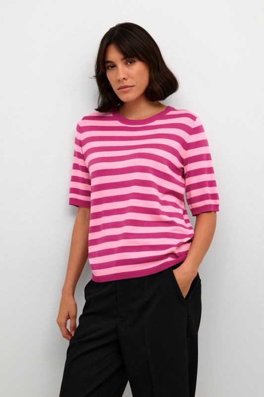 Kaffe Chandail tricot léger rayures fuchsia 10508410