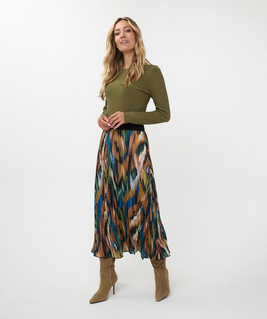 Esqualo Jupe midi imprimé camel et bleu 2414511