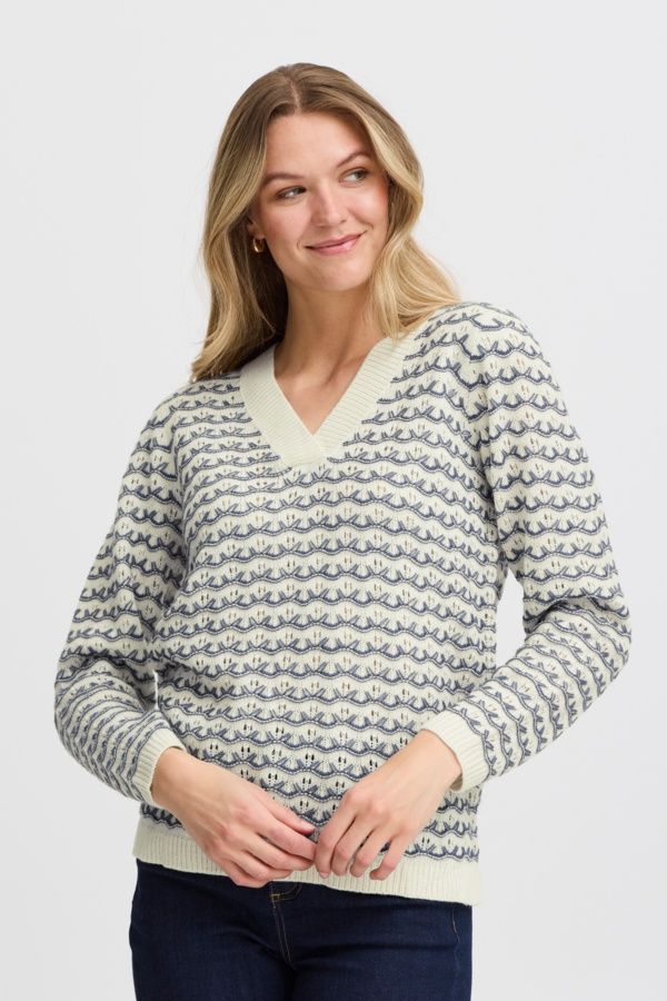 Fransa Chandail tricot creme et bleu indigo 20614216