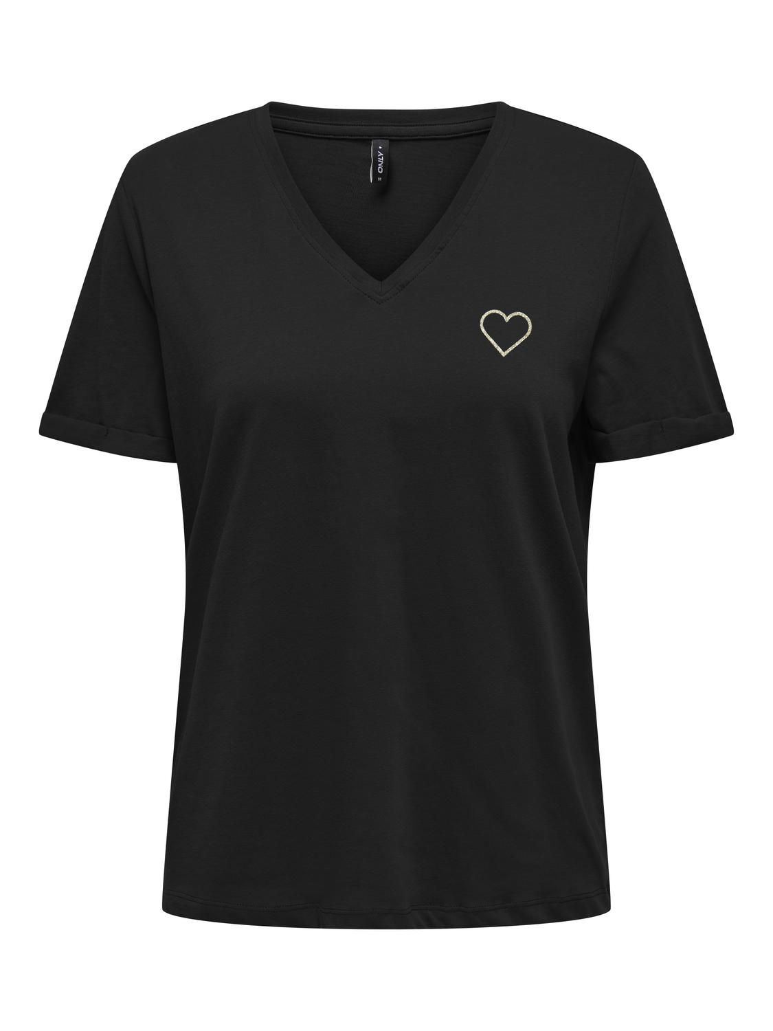 Only T-Shirt col V noir motif coeur 15312514