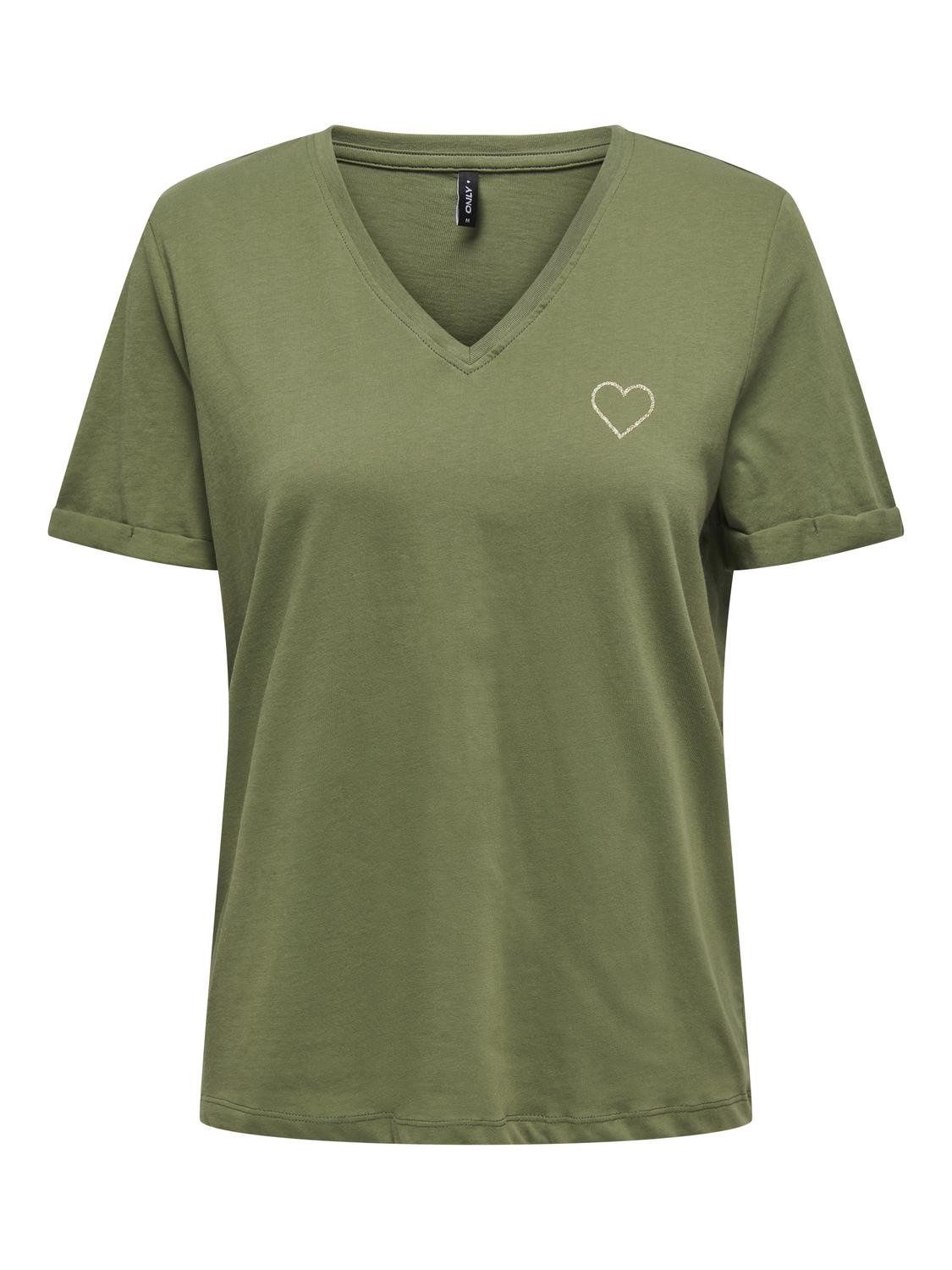 Only T-Shirt col V détail coeur kaki 15312514