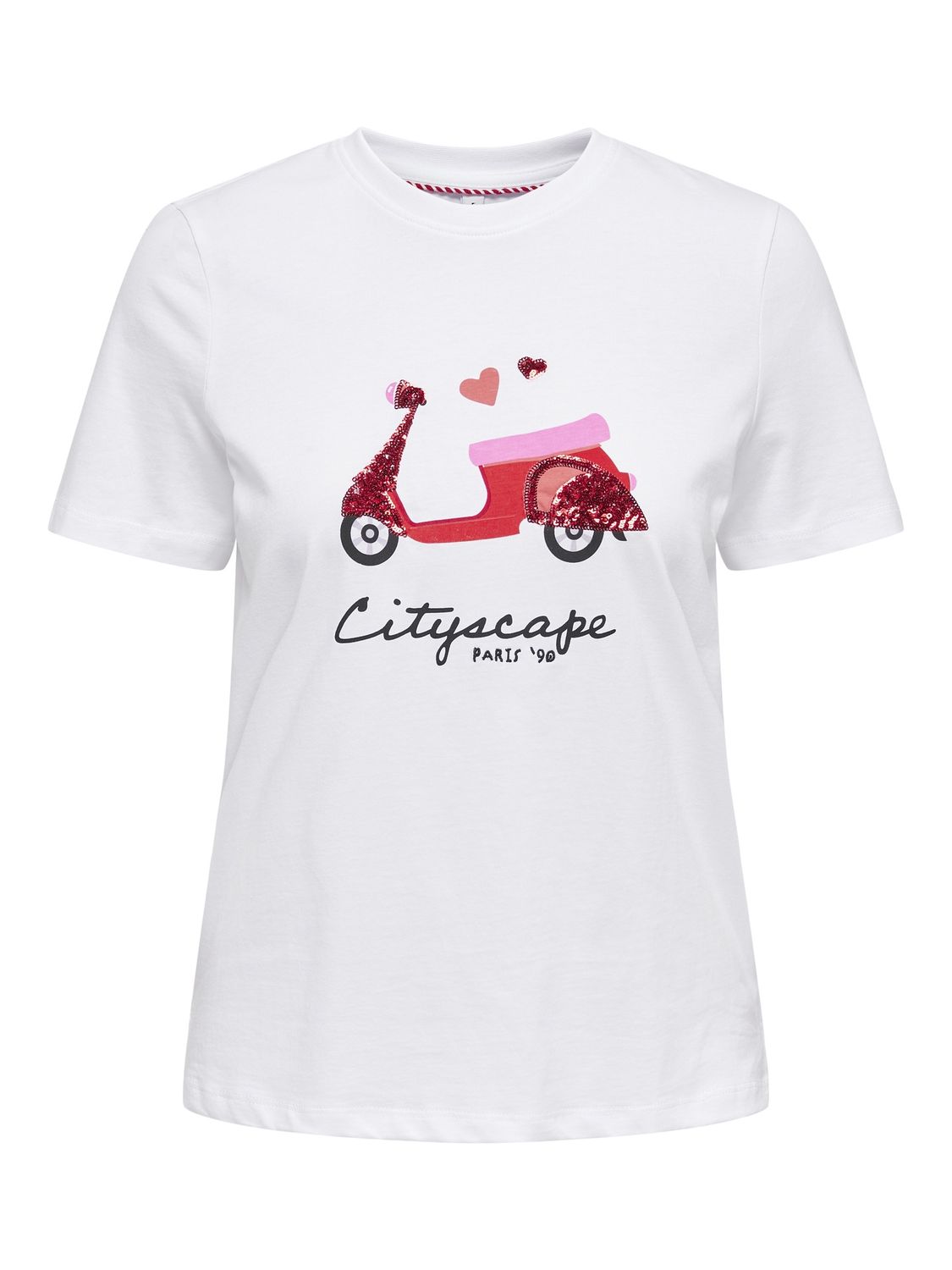 Only T-Shirt blanc mobilette paillettes col rond 15316574