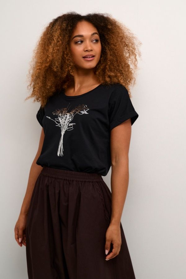 Cream T-Shirt noir imprimé bouquet fleurs argent 10612938