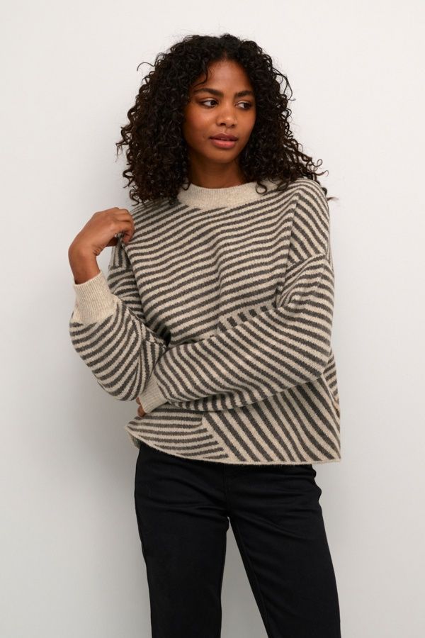 Kaffe Pull tricot beige melange rayures noires 10509061