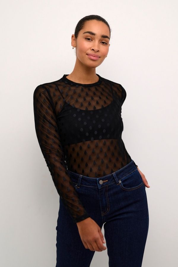 Kaffe Chandail mesh noir avec pois ton sur ton 10509108