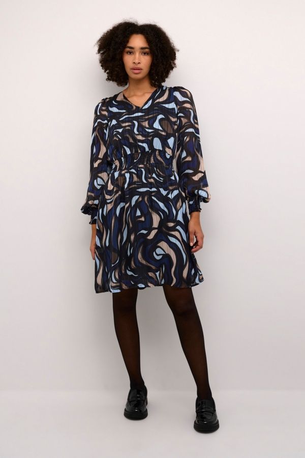 Kaffe Robe noire motif bleu et beige 10509006