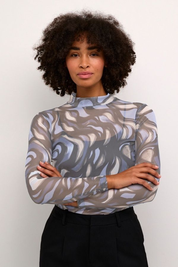 Kaffe Chandail mesh motif bleu et beige 10507815