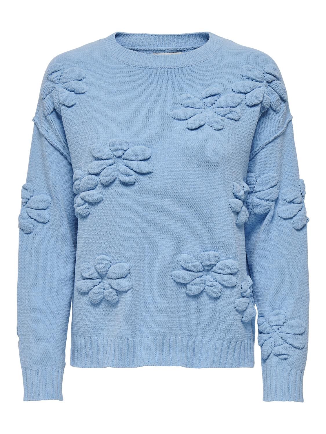 Only Pull bleu manches longues fleurs relief 15301734
