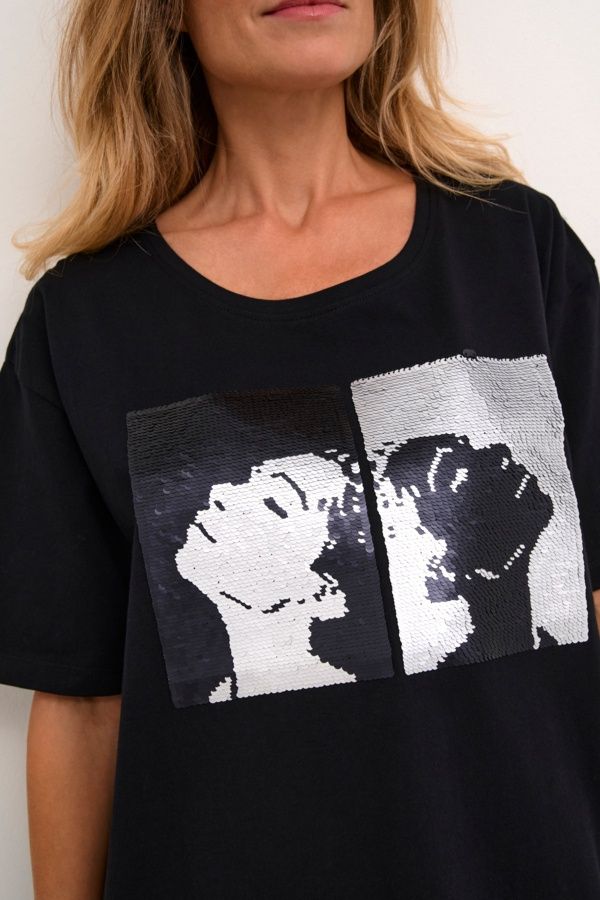 Cream T-Shirt oversize noir visage paillettes 10612998