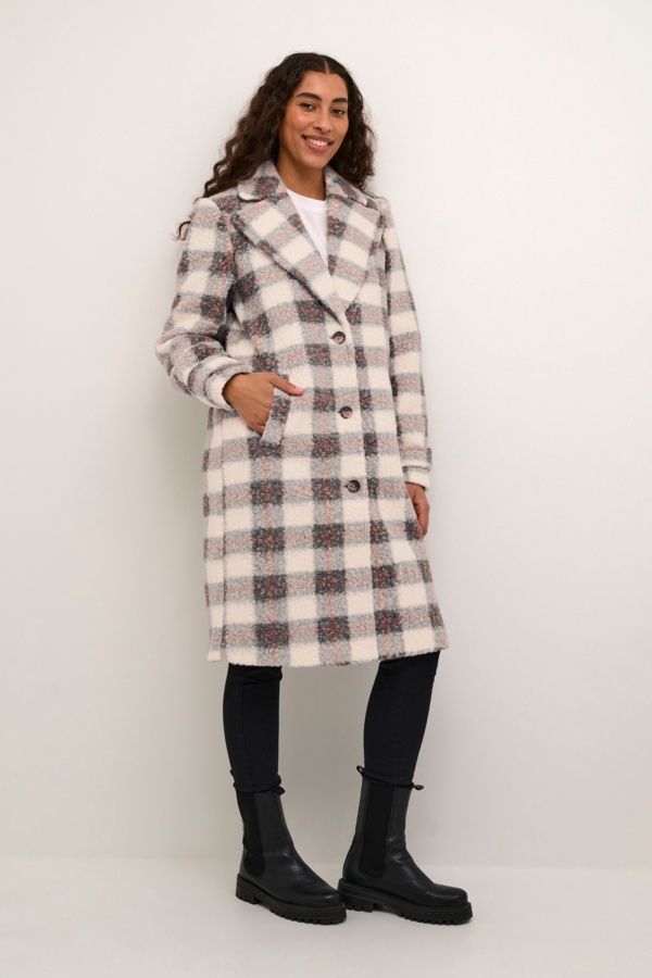 Kaffe Manteau lainage carreaux beige et gris 10508220
