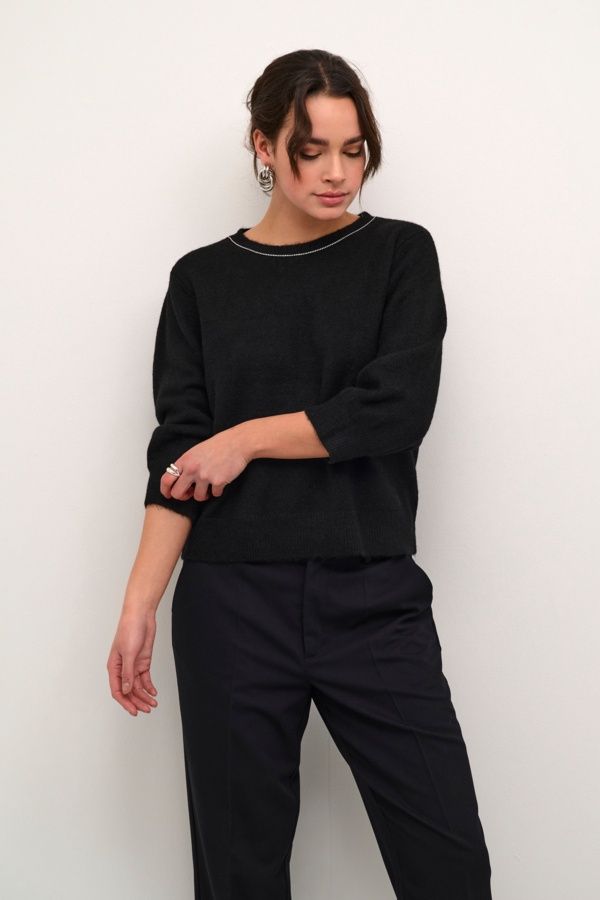 Kaffe Chandail noir tricot manche 3/4 col diamant 10509262