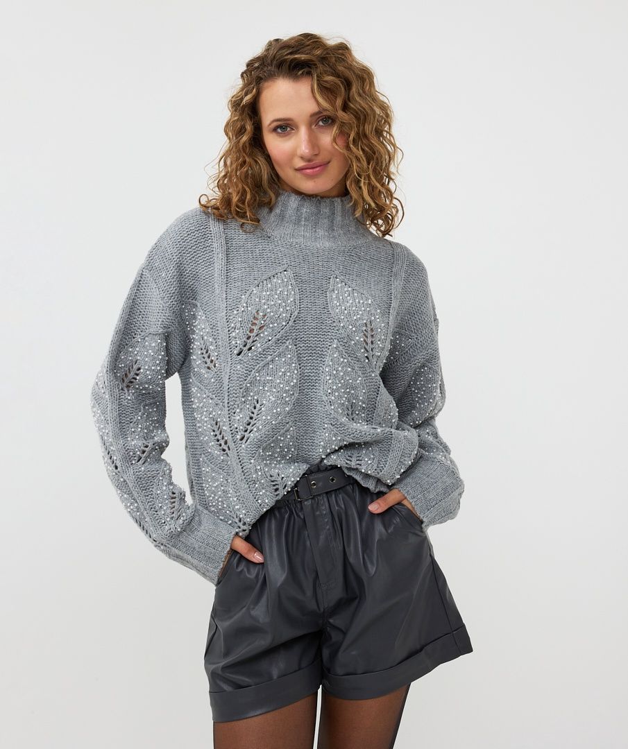 Esqualo Pull tricot gris détails feuillage et perles 2402702