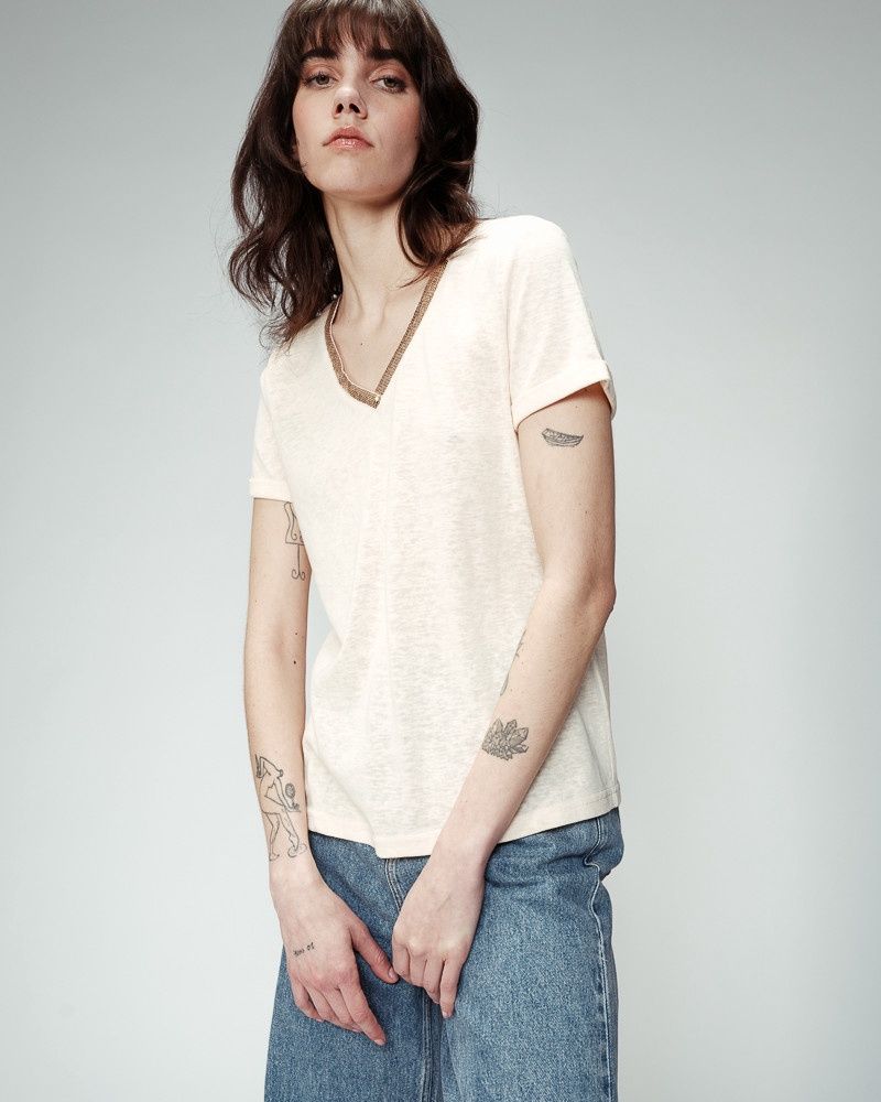 Grace&amp;Mila T-Shirt beige col V paillettes doré ODELIE 22861