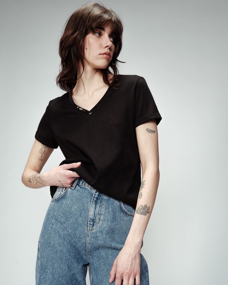 Grace&amp;Mila T-Shirt noir col V paillettes ODELIE 22861