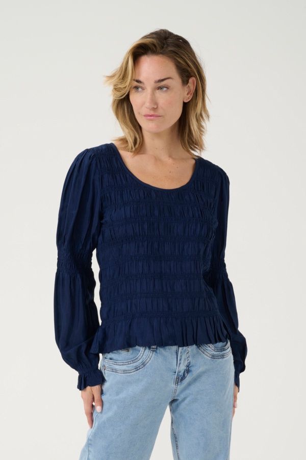 Cream Blouse nid d&#39;abeille marine 10613206
