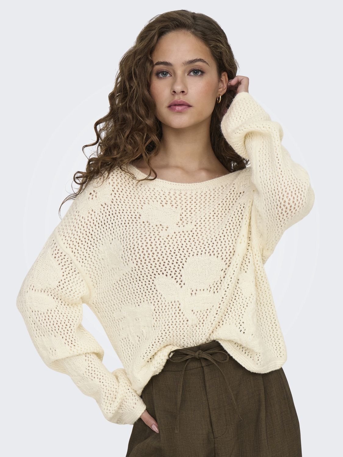Only Chandail maille crème motifs fleurs 15335014