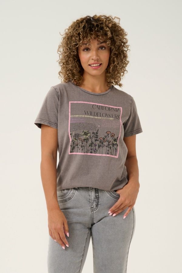 Cream T-Shirt gris motifs fleurs rose 10613465