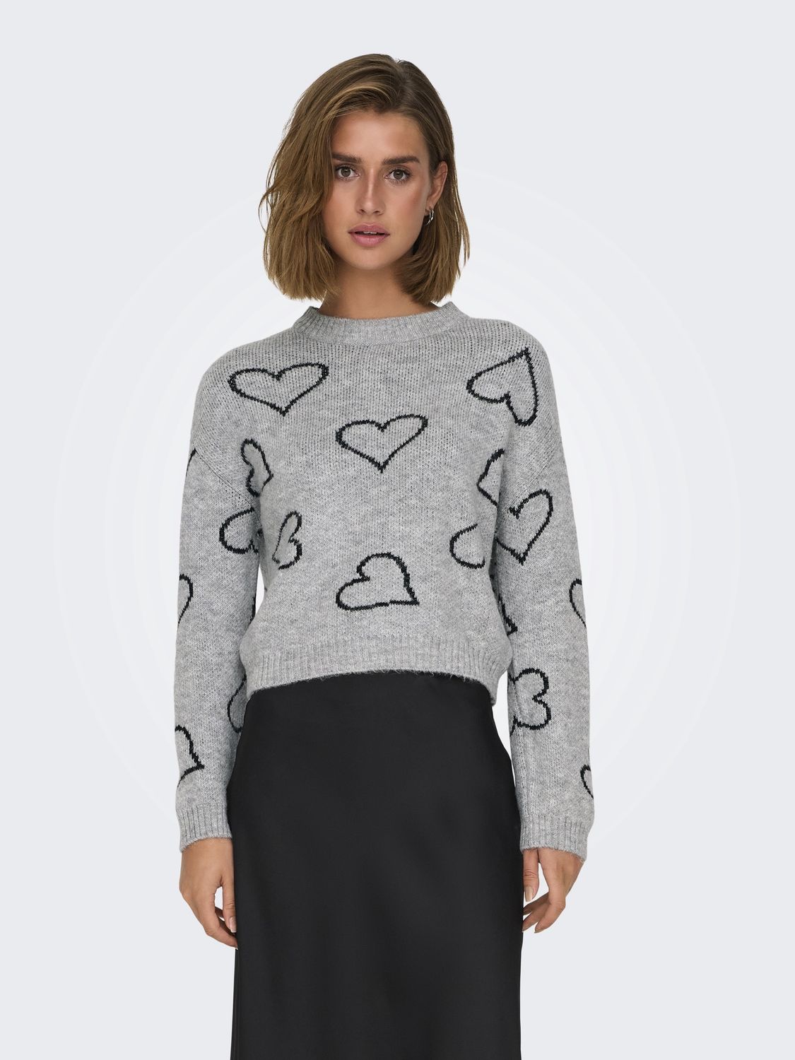 Only Chandail pull gris col rond motifs coeur noir 15335027