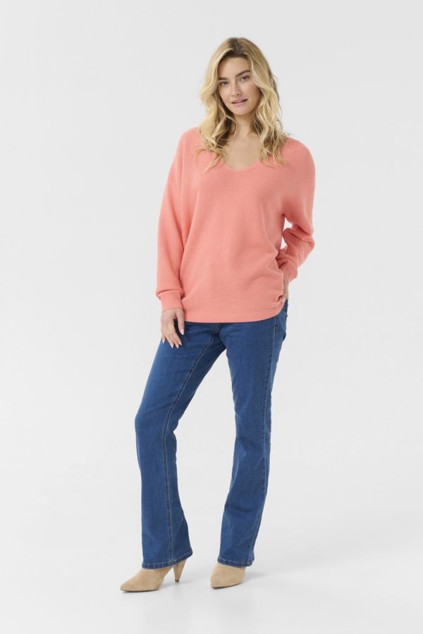 Cream Chandail tricot coton manches longues col V Porcelain Pink 10608046