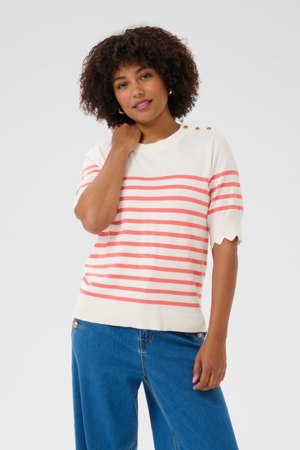 Cream Chandail tricot léger offwhite col rond rayures Porcelain pink 10613474