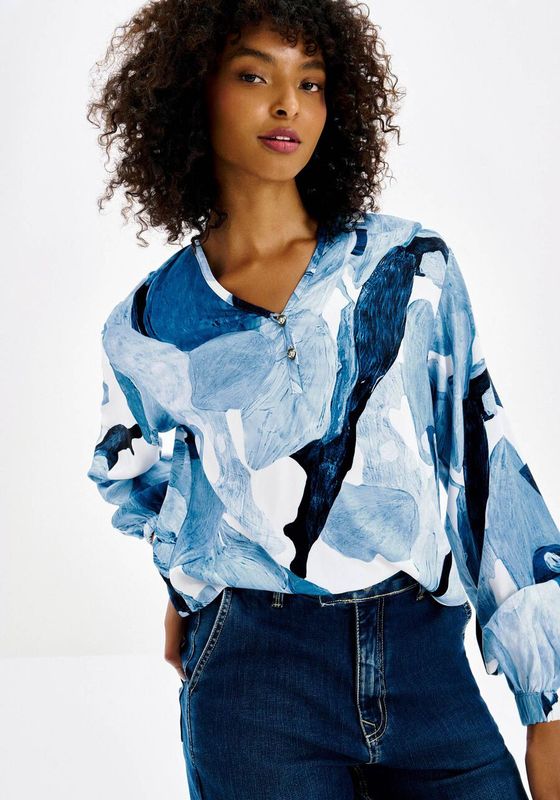 Lezalez Blouse manches longues motifs abstrait bleu/blanc 7700L