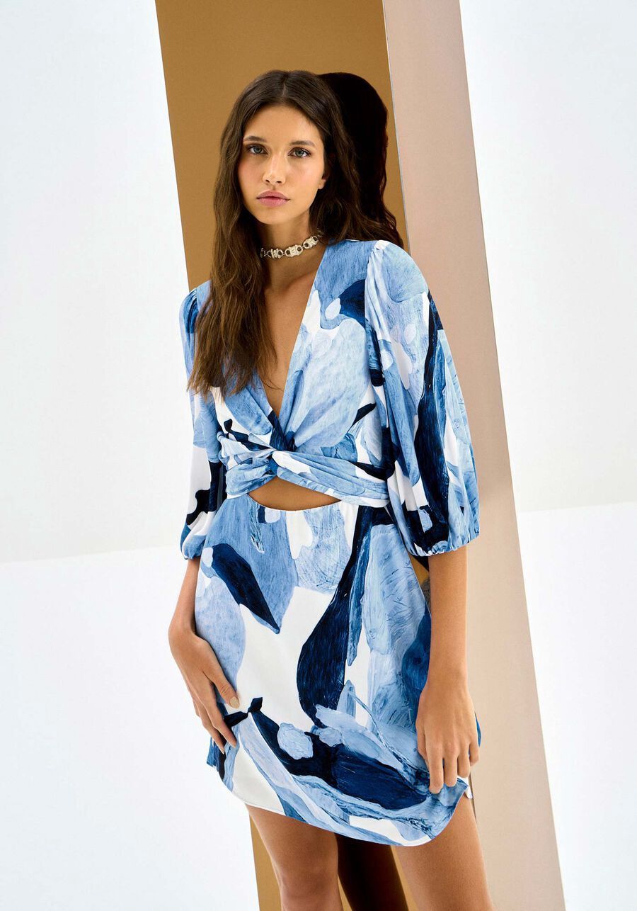 Lezalez Robe manches bouffantes boucles croisées à l&#39;avant motif bleu/offwhite 6963L