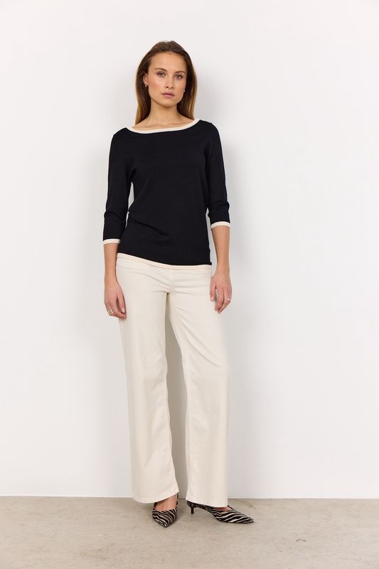 Soya Concept Chandail tricot noir bande crème manches et col 33618
