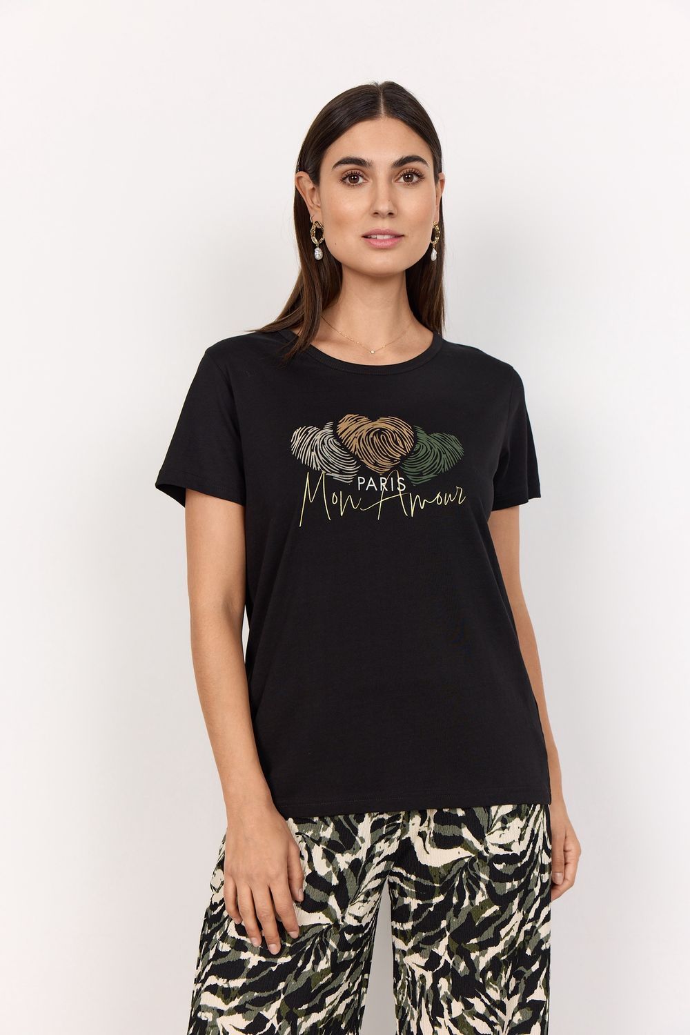 Soya Concept T-Shirt noir motif kaki et écriture doré 26926