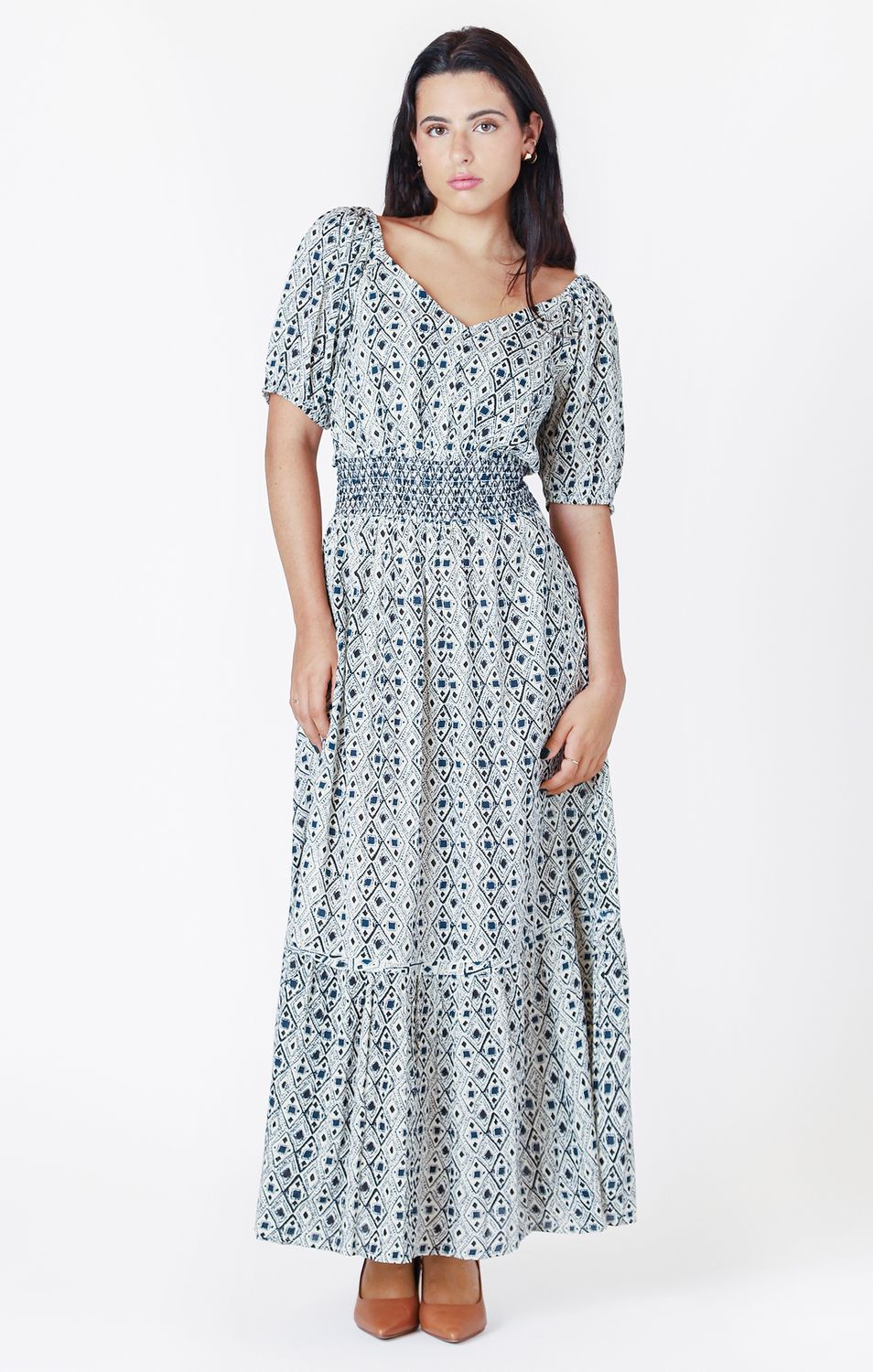 Room 34 Robe longue manches bouffantes imprimé geo indigo 2522610