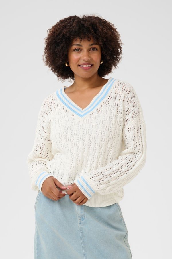 Cream Chandail tricot col V rayures bleu ciel 10613307
